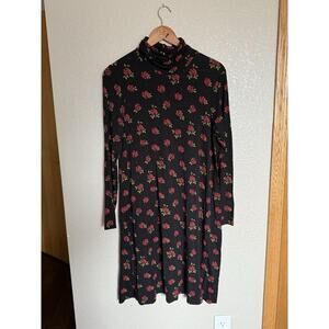 Gudrun Sjoden Floral Turtleneck Stretch Jersey Dress Medium Black Red